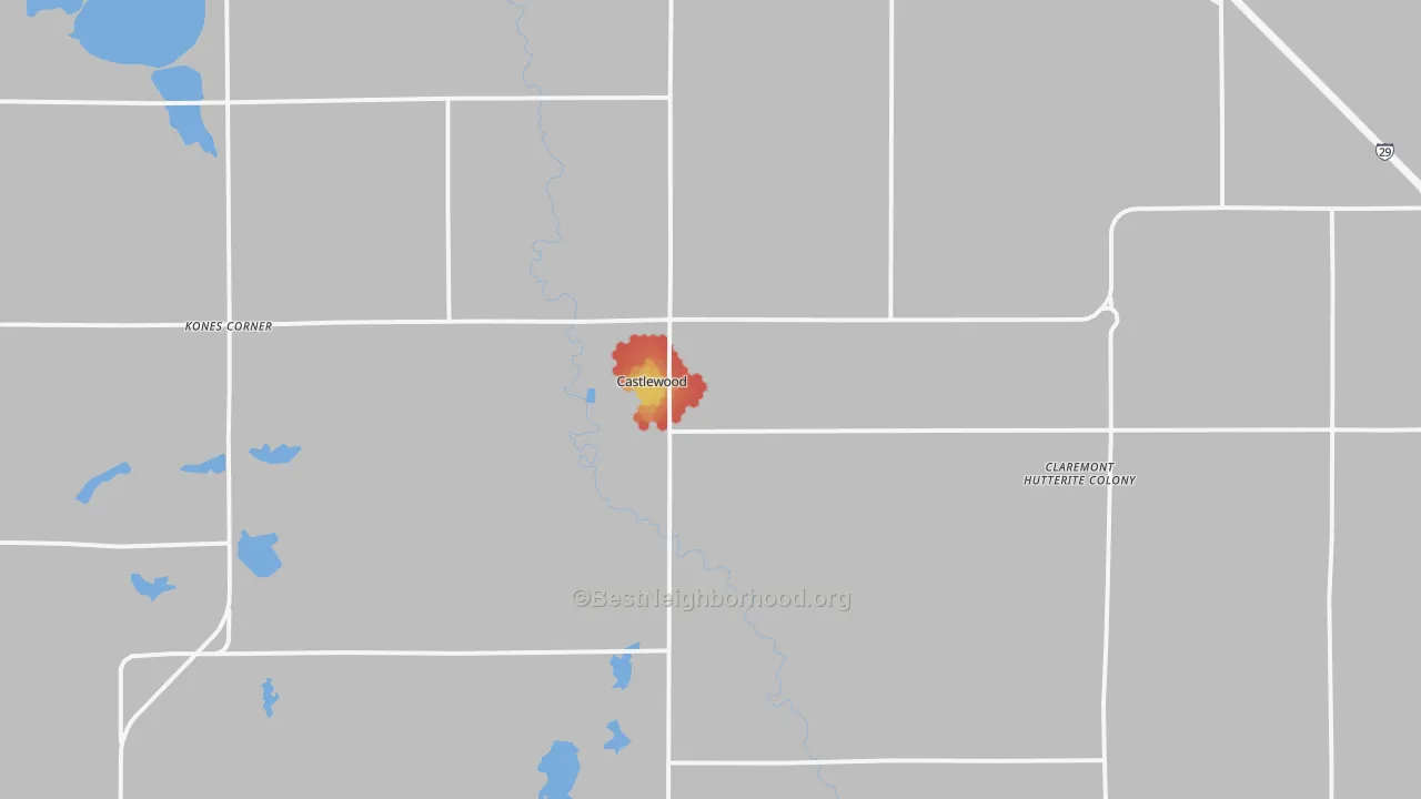 Walk Grade map of 57223, SD, walkable areas in green and car-dependent areas in red