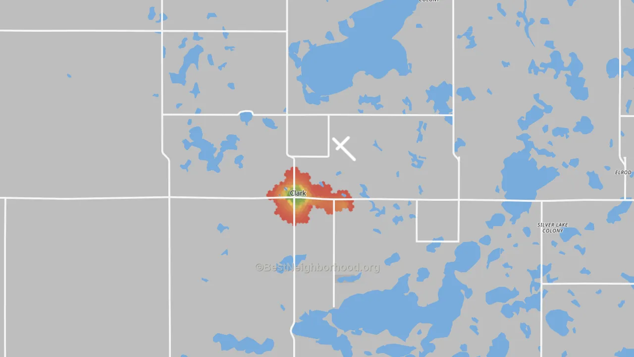 Walk Grade map of 57225, SD, walkable areas in green and car-dependent areas in red