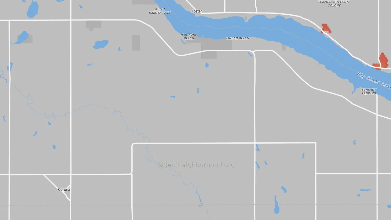 Walk Grade map of 57227, SD, walkable areas in green and car-dependent areas in red
