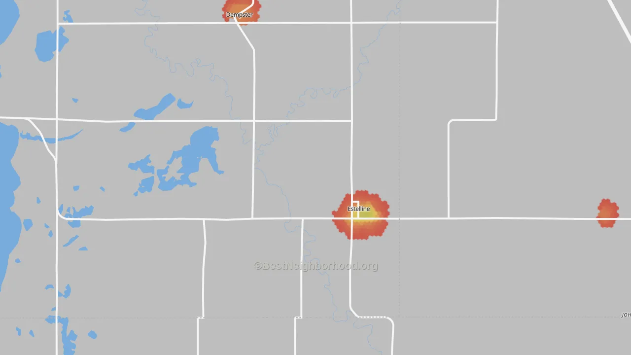 Walk Grade map of 57234, SD, walkable areas in green and car-dependent areas in red