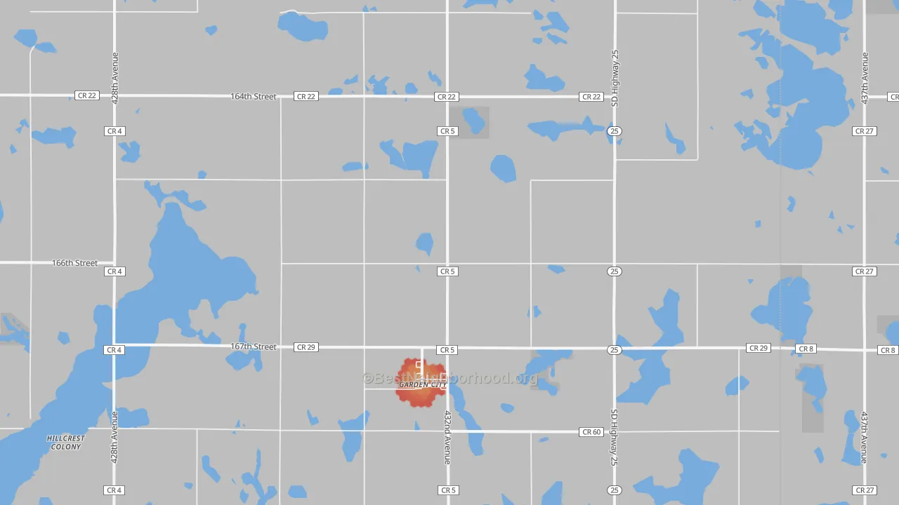 Walk Grade map of 57236, SD, walkable areas in green and car-dependent areas in red
