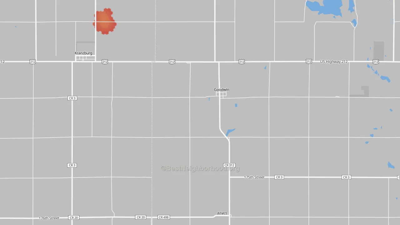 Walk Grade map of 57238, SD, walkable areas in green and car-dependent areas in red
