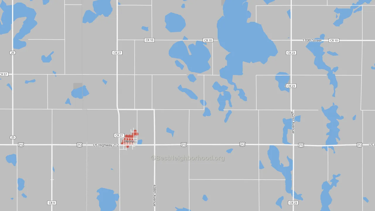 Walk Grade map of 57243, SD, walkable areas in green and car-dependent areas in red