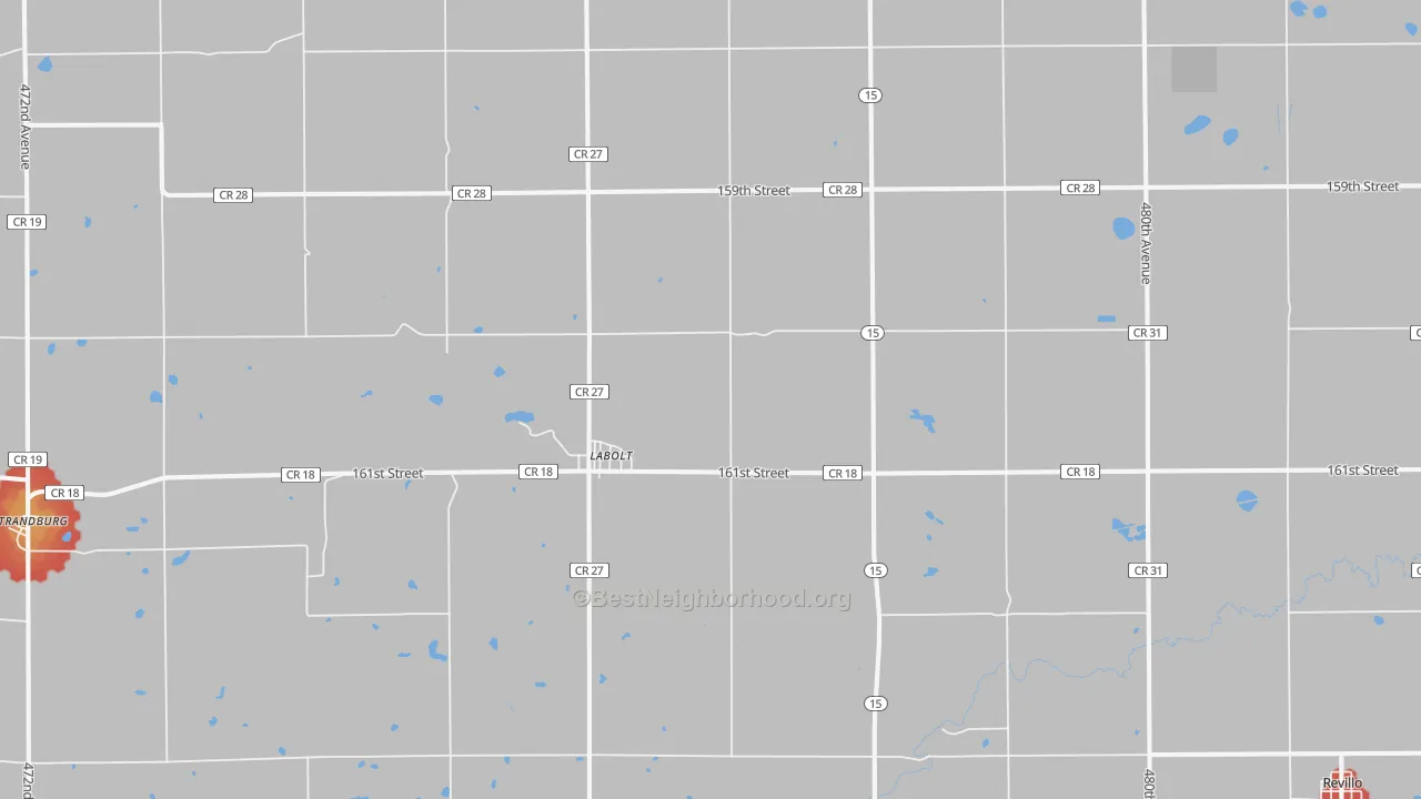Walk Grade map of 57246, SD, walkable areas in green and car-dependent areas in red
