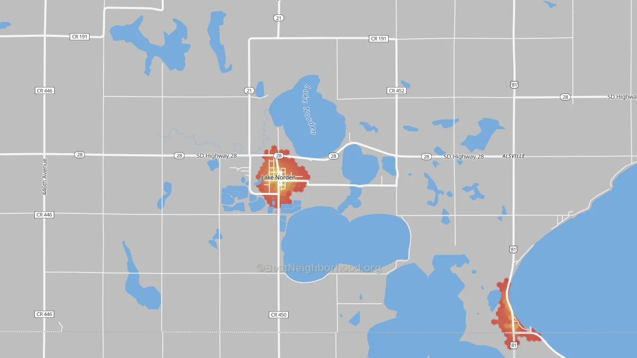 Walk Grade map of 57248, SD, walkable areas in green and car-dependent areas in red