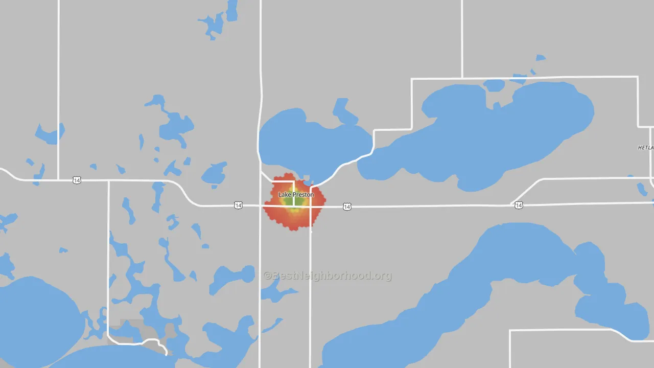 Walk Grade map of 57249, SD, walkable areas in green and car-dependent areas in red