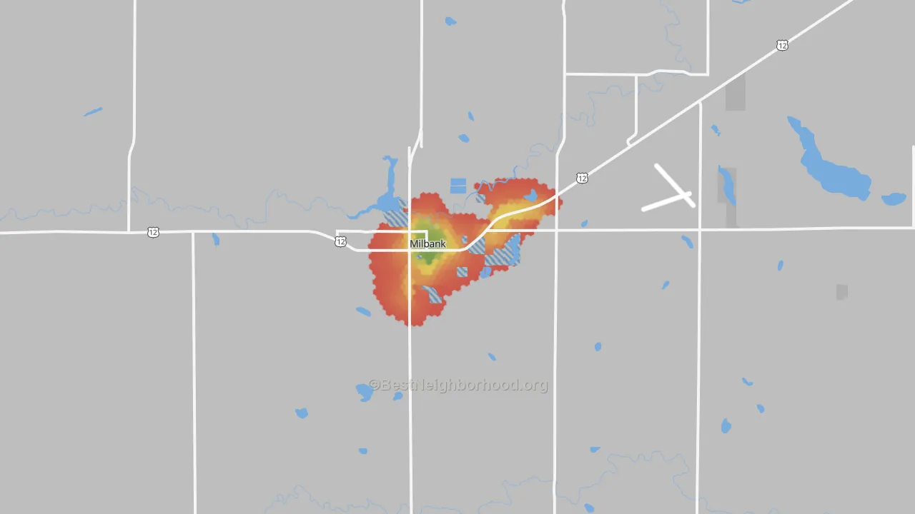 Walk Grade map of 57252, SD, walkable areas in green and car-dependent areas in red