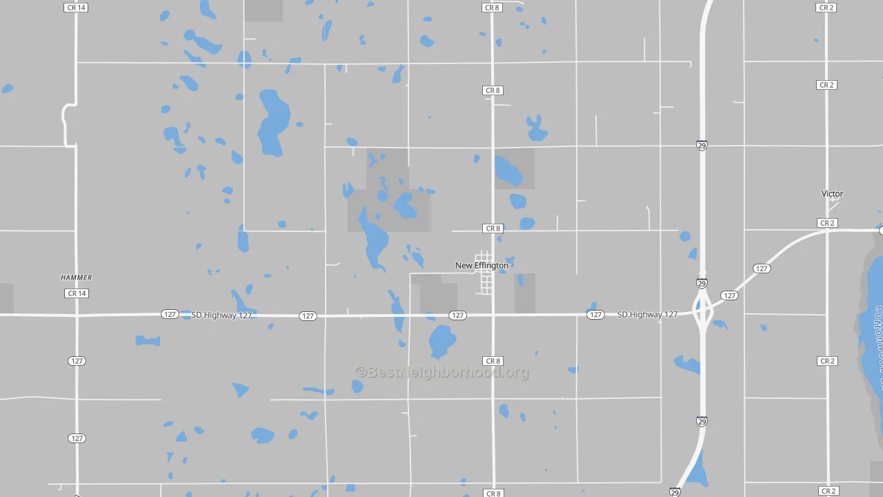 Walk Grade map of 57255, SD, walkable areas in green and car-dependent areas in red