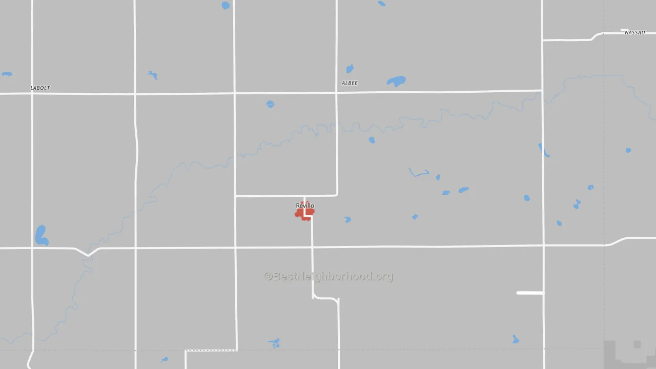 Walk Grade map of 57259, SD, walkable areas in green and car-dependent areas in red