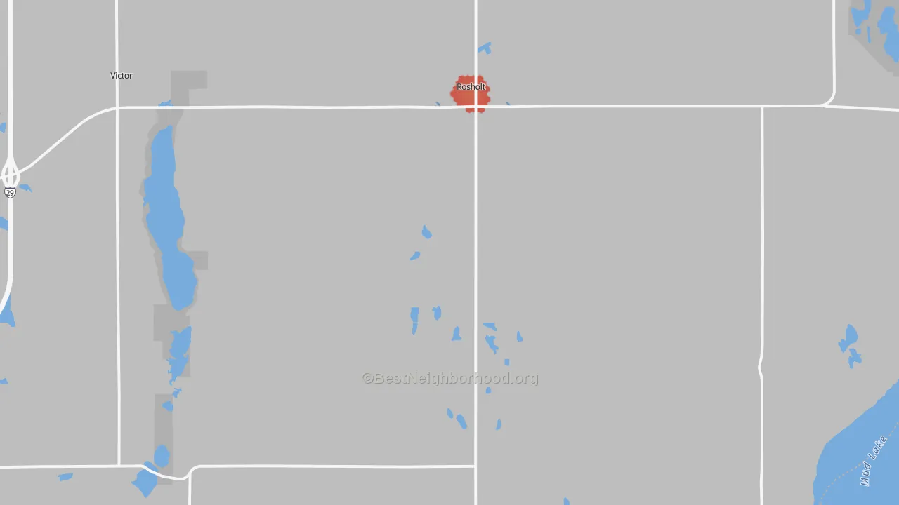 Walk Grade map of 57260, SD, walkable areas in green and car-dependent areas in red