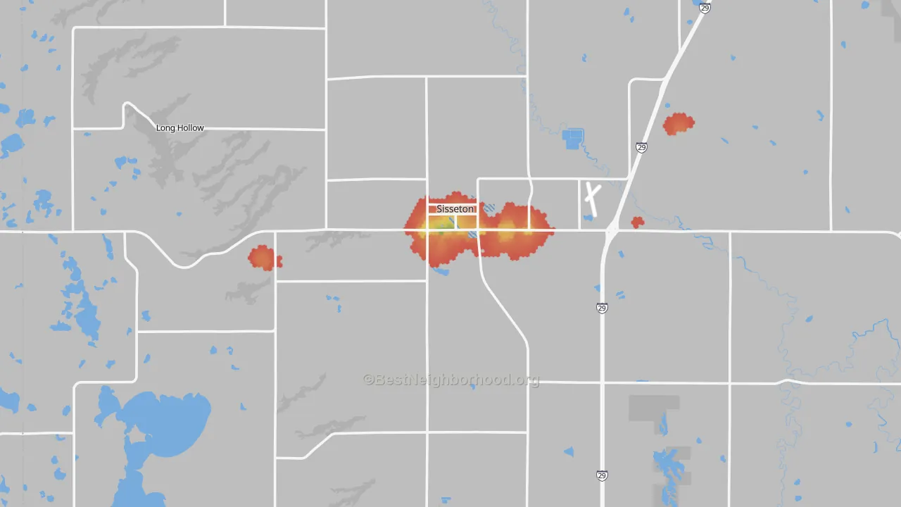 Walk Grade map of 57262, SD, walkable areas in green and car-dependent areas in red