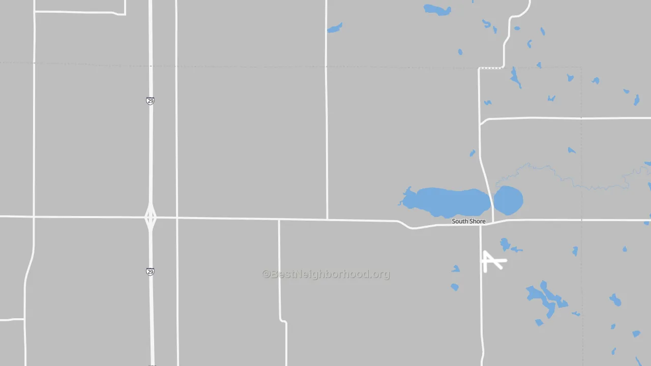Walk Grade map of 57263, SD, walkable areas in green and car-dependent areas in red