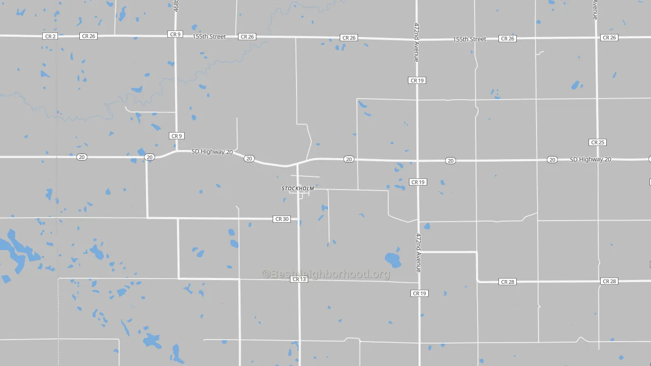 Walk Grade map of 57264, SD, walkable areas in green and car-dependent areas in red