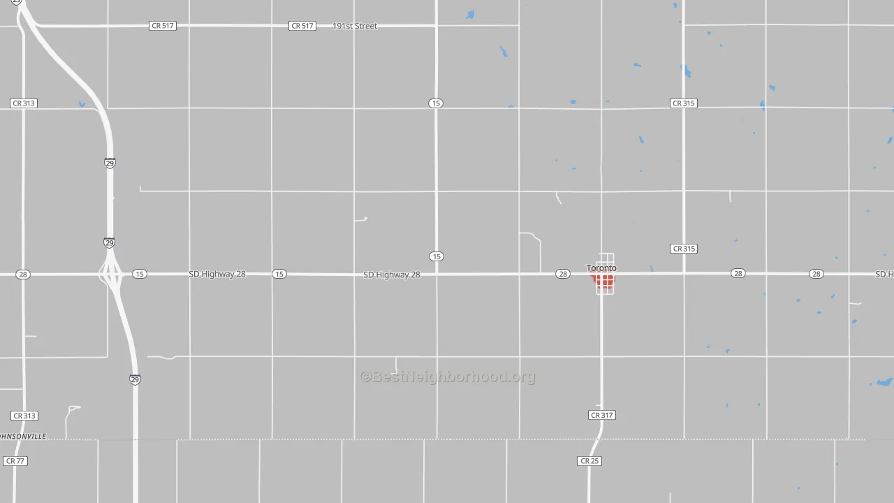 Walk Grade map of 57268, SD, walkable areas in green and car-dependent areas in red