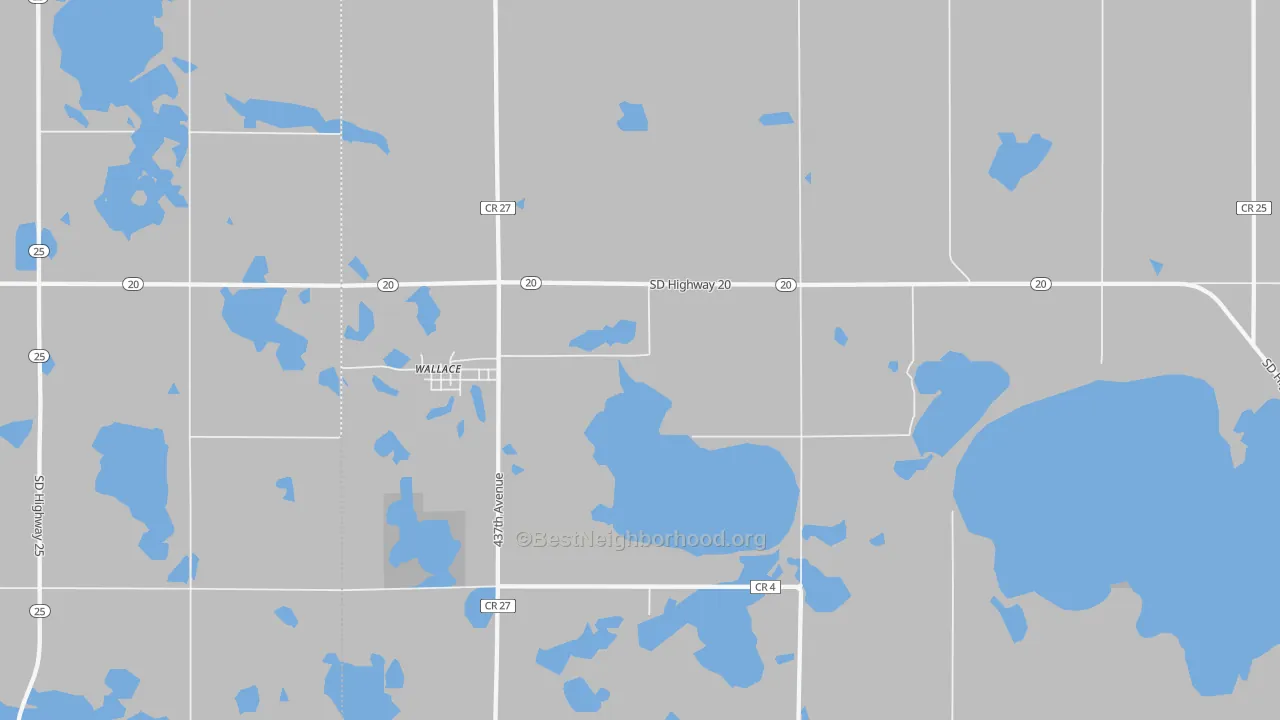 Walk Grade map of 57272, SD, walkable areas in green and car-dependent areas in red