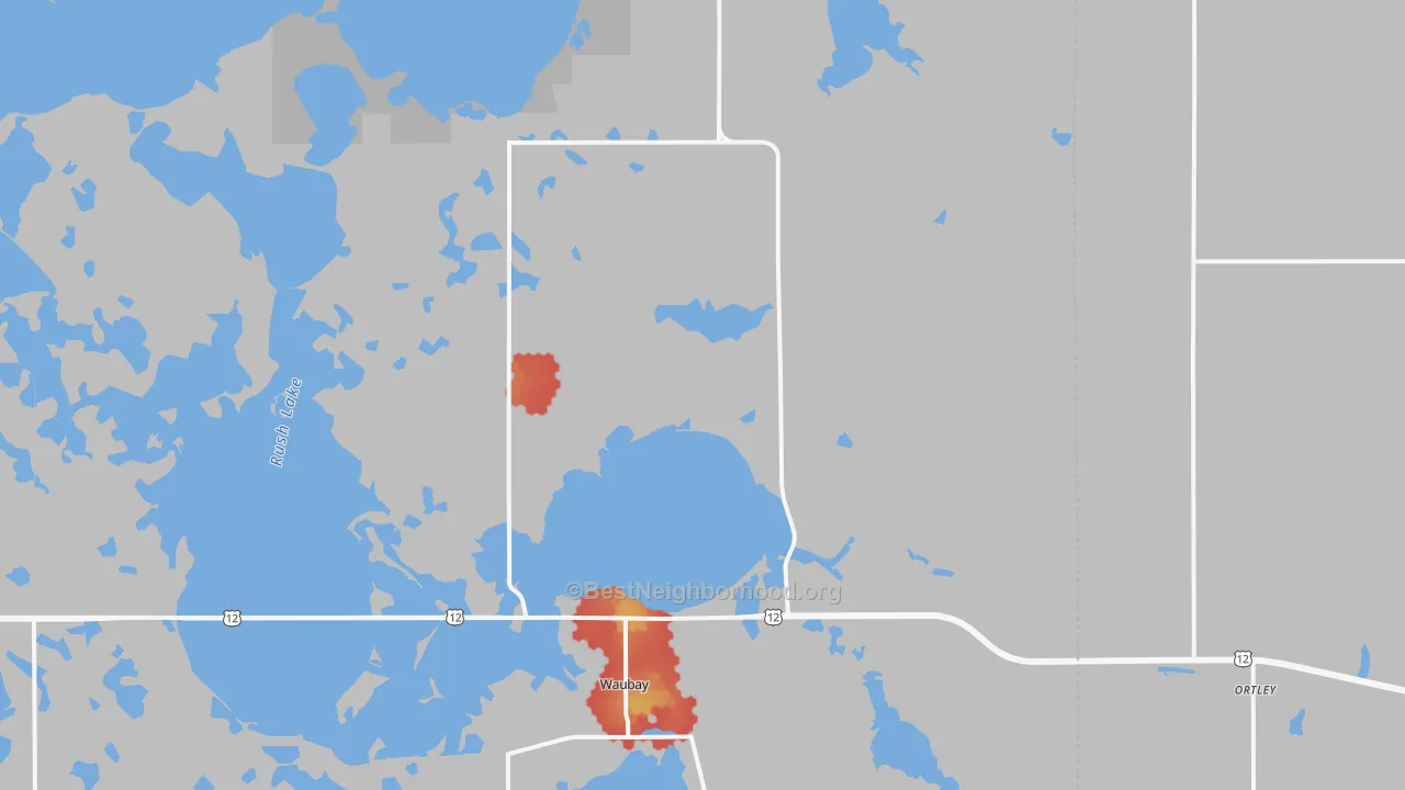 Walk Grade map of 57273, SD, walkable areas in green and car-dependent areas in red