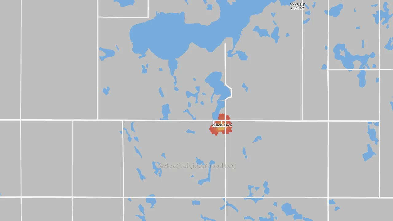 Walk Grade map of 57278, SD, walkable areas in green and car-dependent areas in red