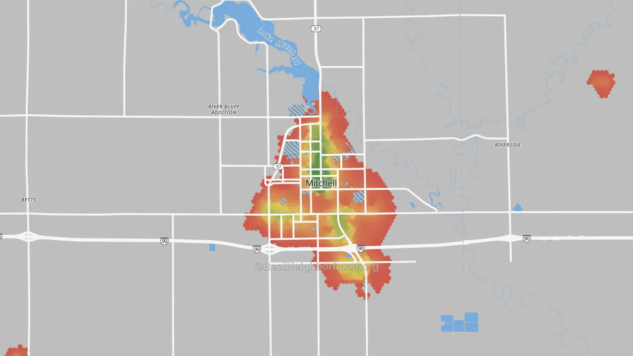 Walk Grade map of 57301, SD, walkable areas in green and car-dependent areas in red
