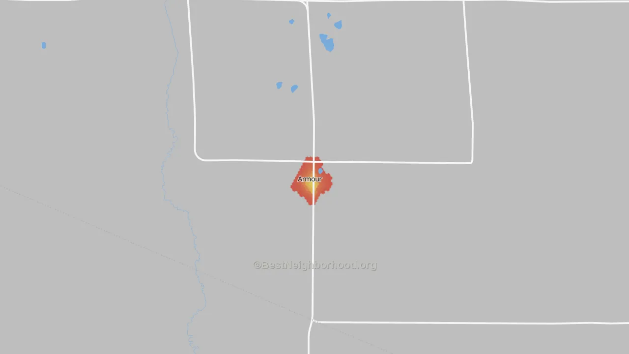Walk Grade map of 57313, SD, walkable areas in green and car-dependent areas in red