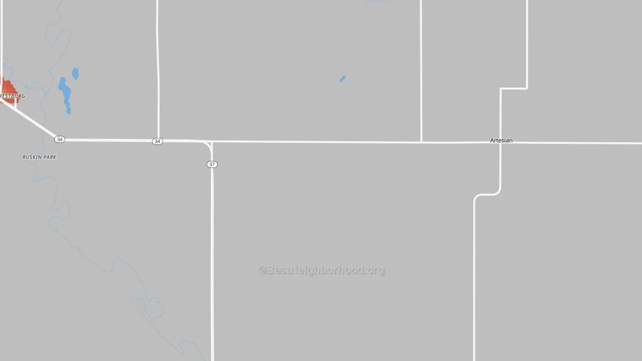 Walk Grade map of 57314, SD, walkable areas in green and car-dependent areas in red