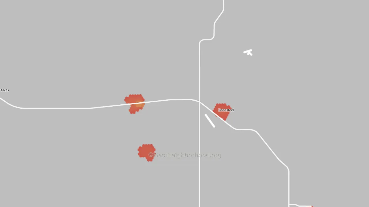 Walk Grade map of 57317, SD, walkable areas in green and car-dependent areas in red