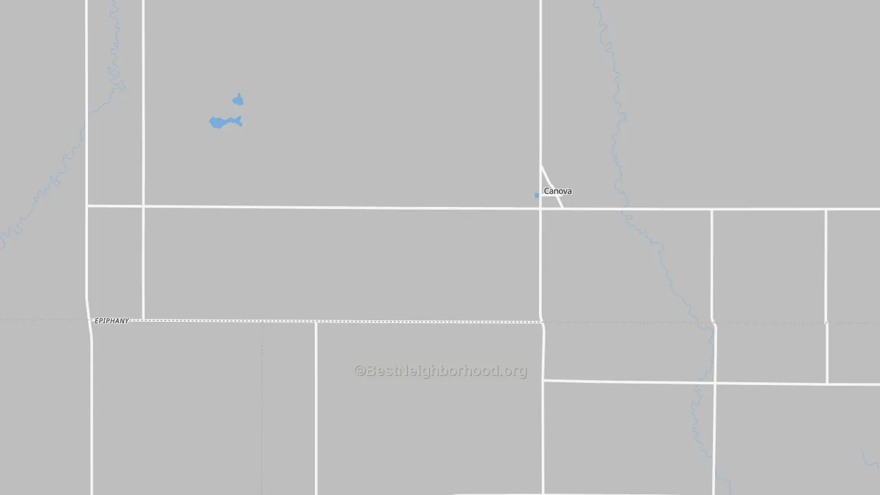 Walk Grade map of 57321, SD, walkable areas in green and car-dependent areas in red