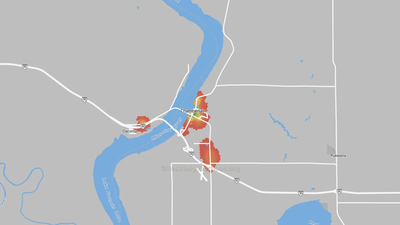 Walk Grade map of 57325, SD, walkable areas in green and car-dependent areas in red