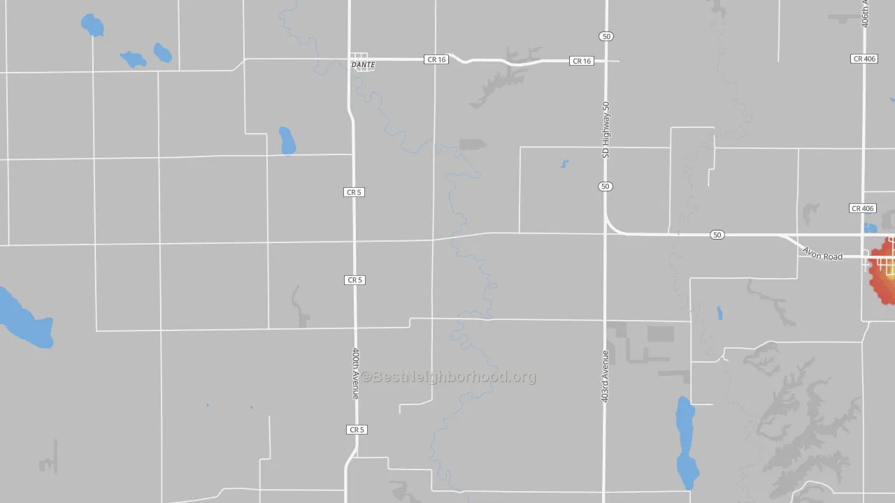 Walk Grade map of 57329, SD, walkable areas in green and car-dependent areas in red