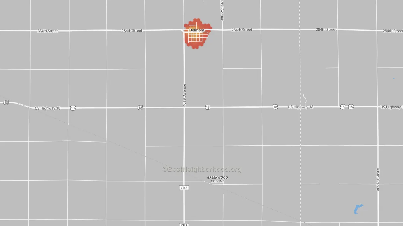 Walk Grade map of 57330, SD, walkable areas in green and car-dependent areas in red
