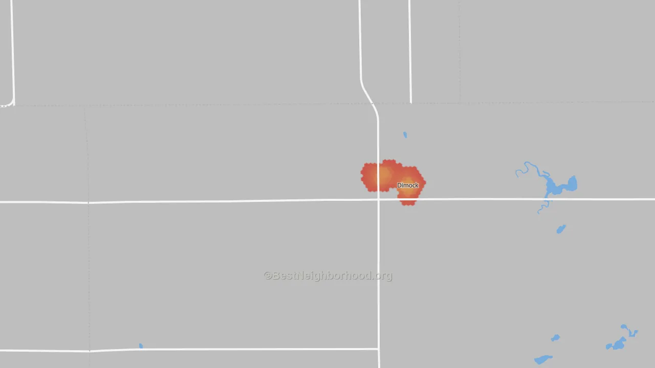 Walk Grade map of 57331, SD, walkable areas in green and car-dependent areas in red