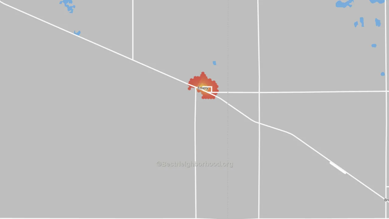 Walk Grade map of 57332, SD, walkable areas in green and car-dependent areas in red