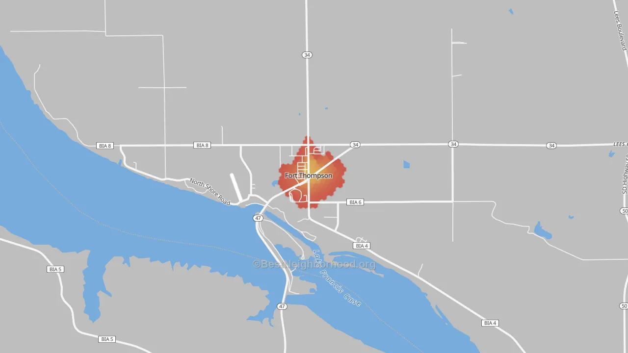 Walk Grade map of 57339, SD, walkable areas in green and car-dependent areas in red