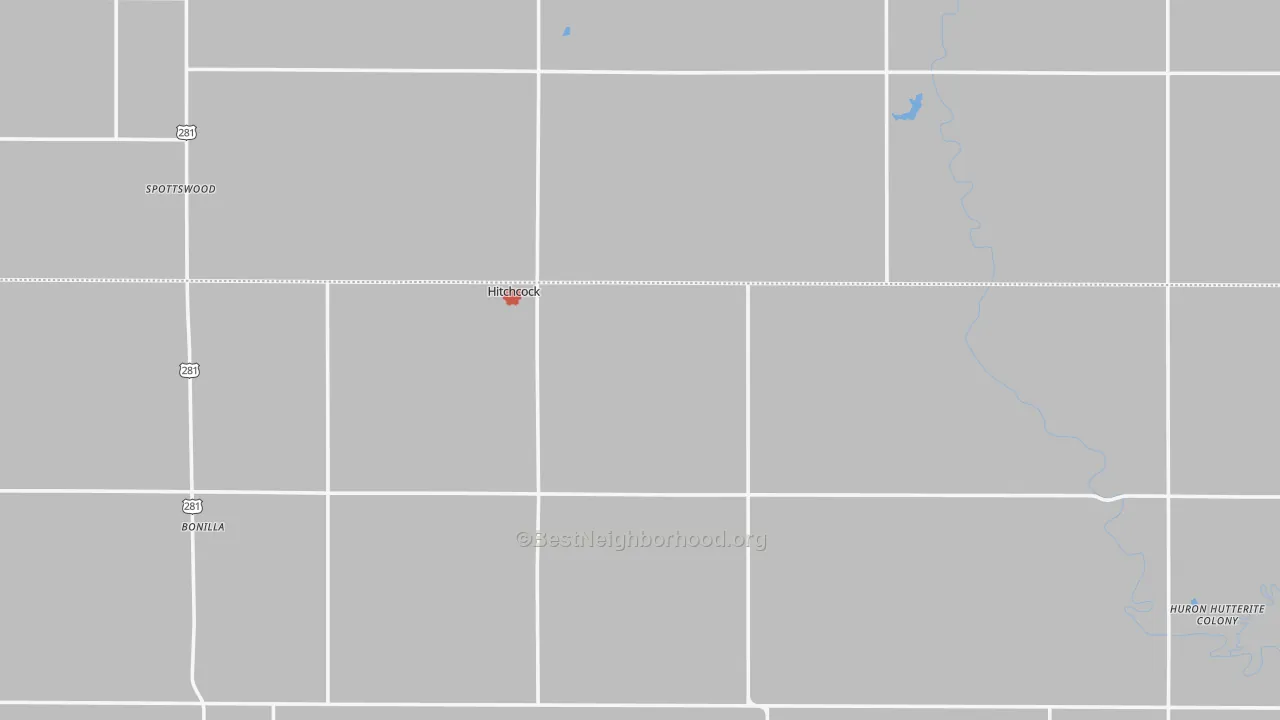 Walk Grade map of 57348, SD, walkable areas in green and car-dependent areas in red