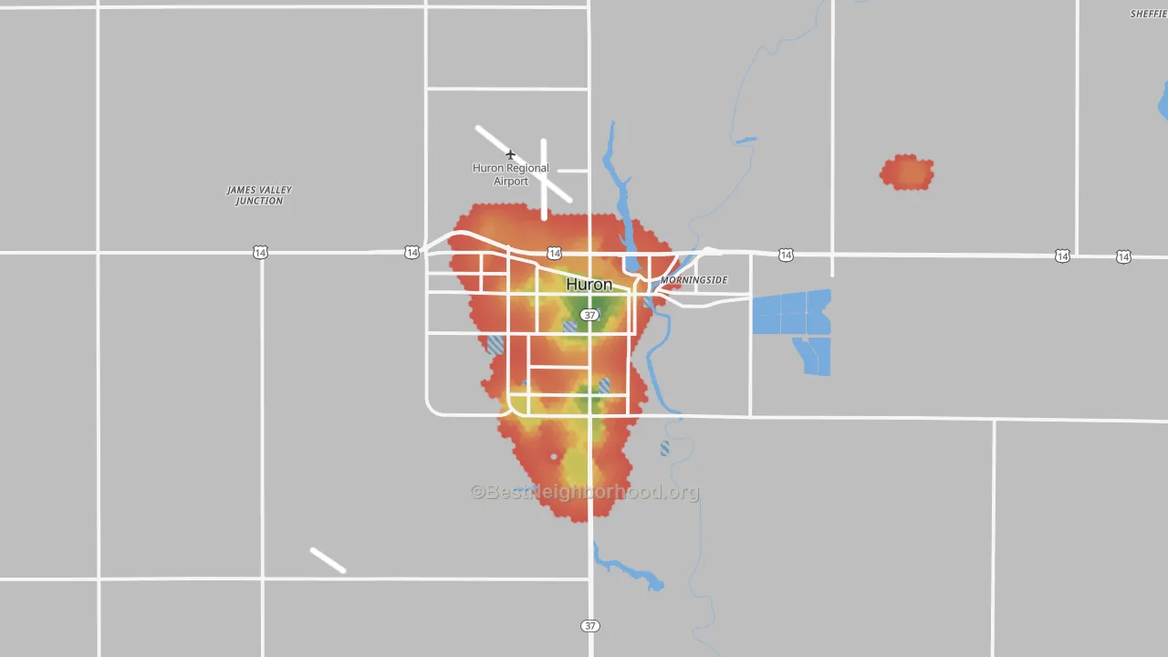 Walk Grade map of 57350, SD, walkable areas in green and car-dependent areas in red