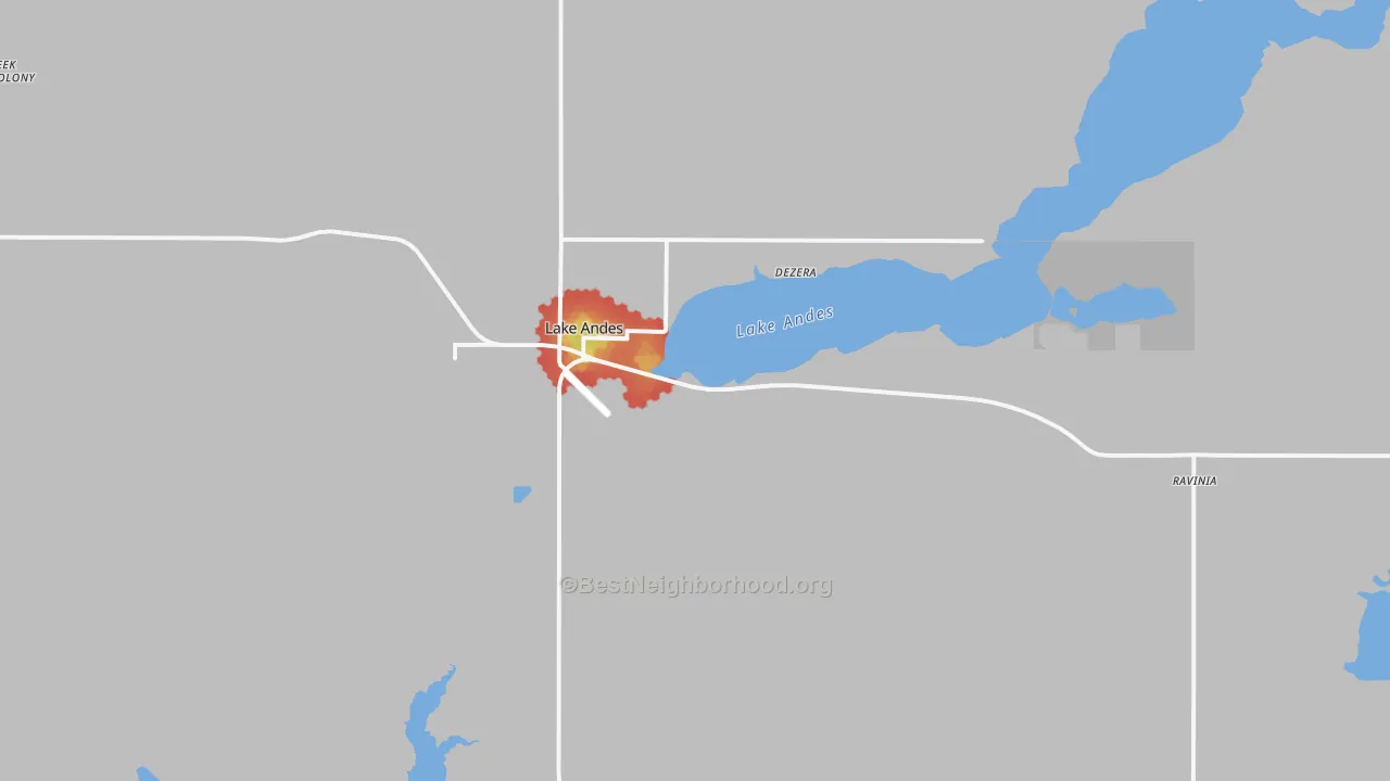 Walk Grade map of 57356, SD, walkable areas in green and car-dependent areas in red
