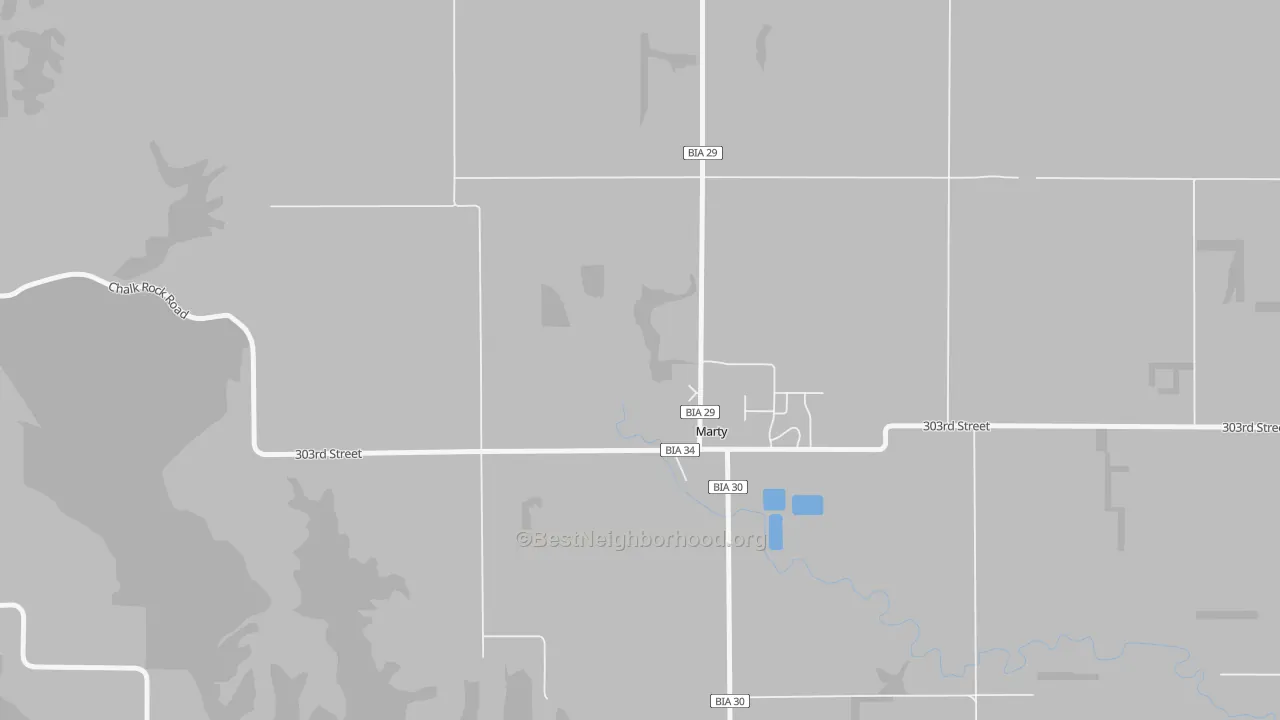 Walk Grade map of 57361, SD, walkable areas in green and car-dependent areas in red