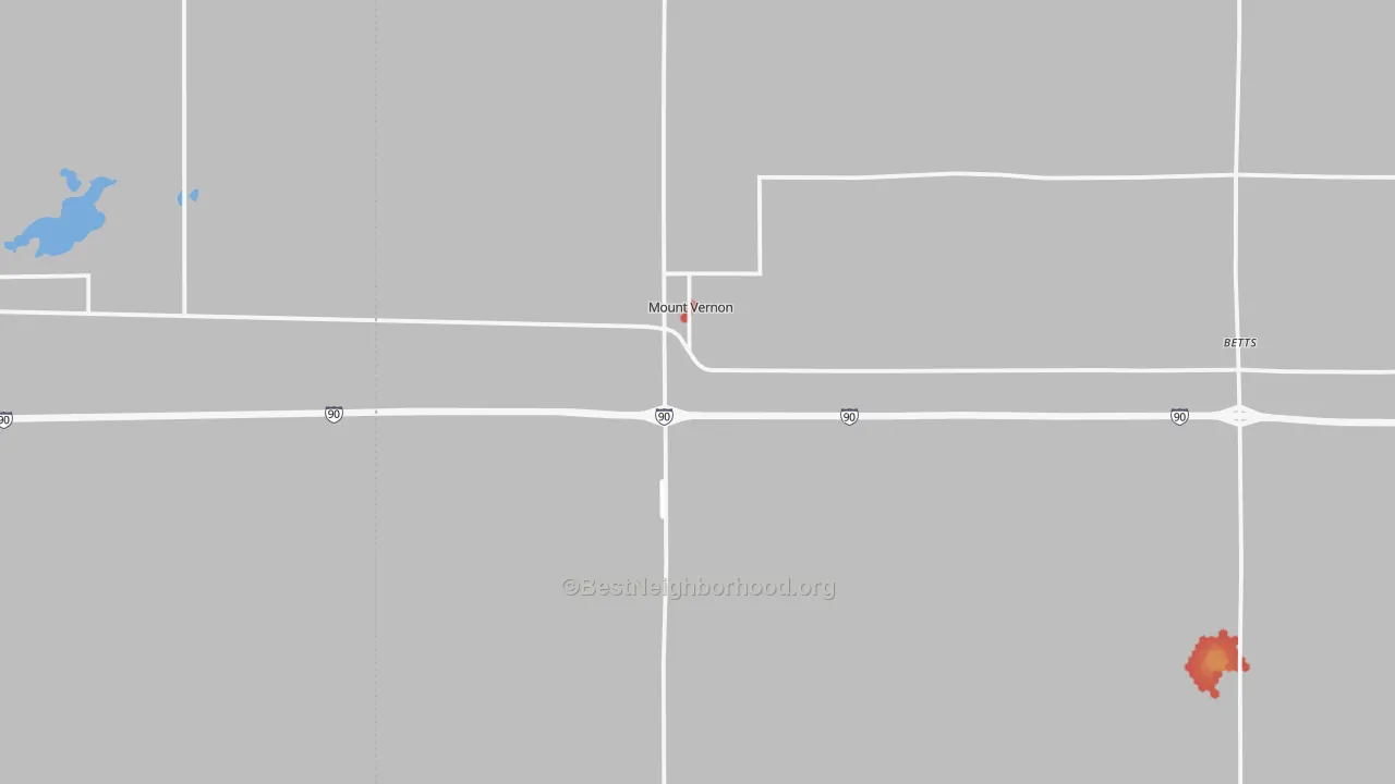Walk Grade map of 57363, SD, walkable areas in green and car-dependent areas in red
