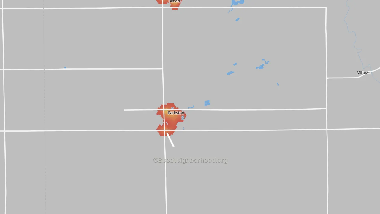 Walk Grade map of 57366, SD, walkable areas in green and car-dependent areas in red