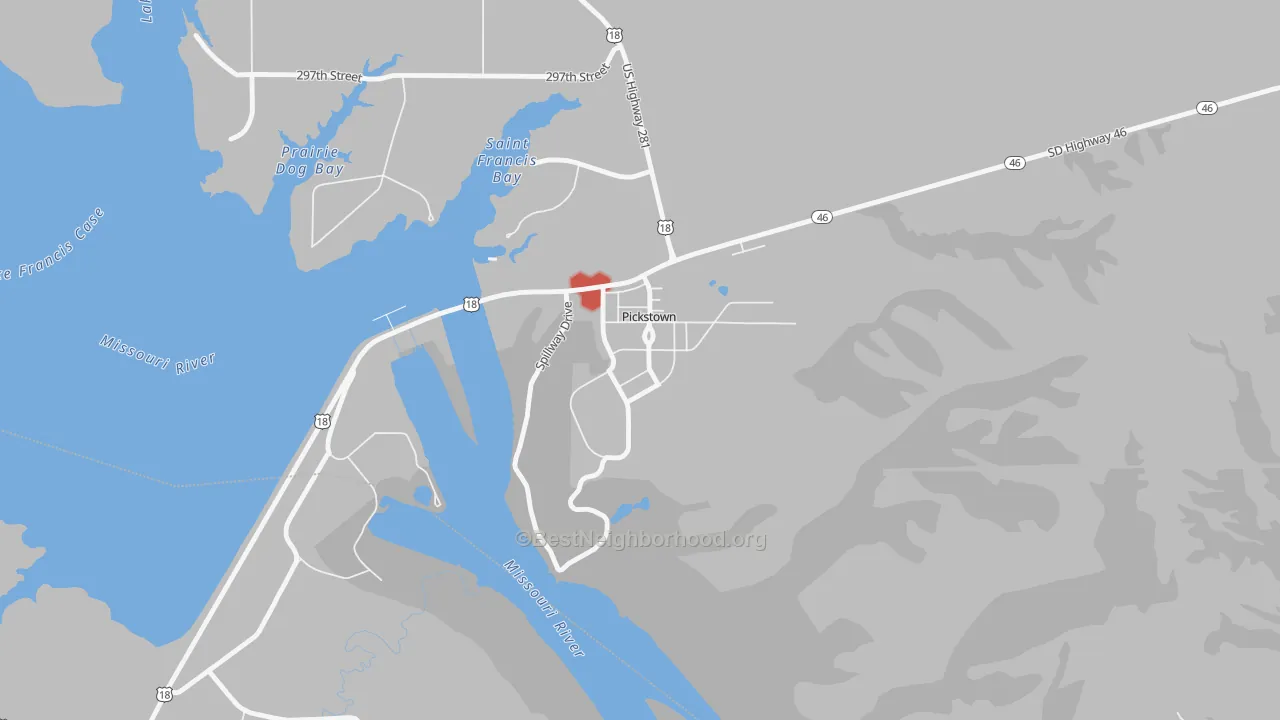 Walk Grade map of 57367, SD, walkable areas in green and car-dependent areas in red