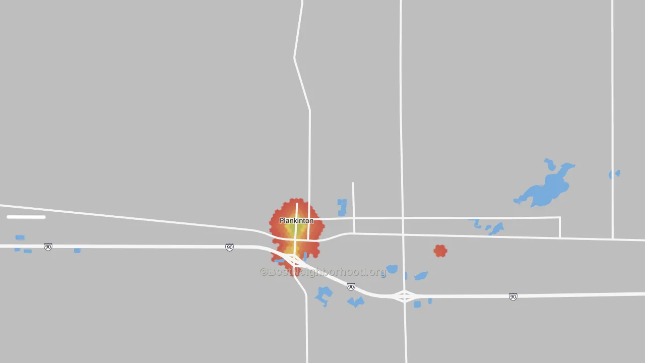 Walk Grade map of 57368, SD, walkable areas in green and car-dependent areas in red