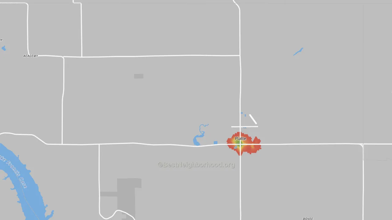 Walk Grade map of 57369, SD, walkable areas in green and car-dependent areas in red
