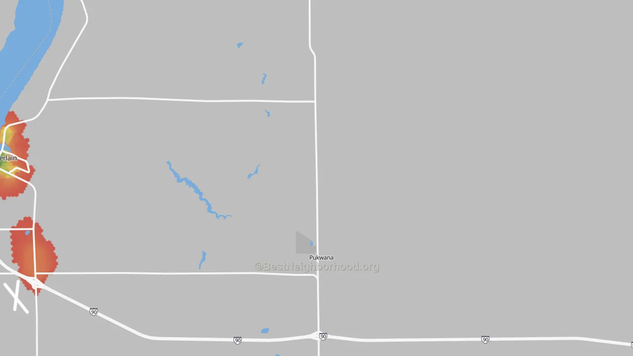 Walk Grade map of 57370, SD, walkable areas in green and car-dependent areas in red