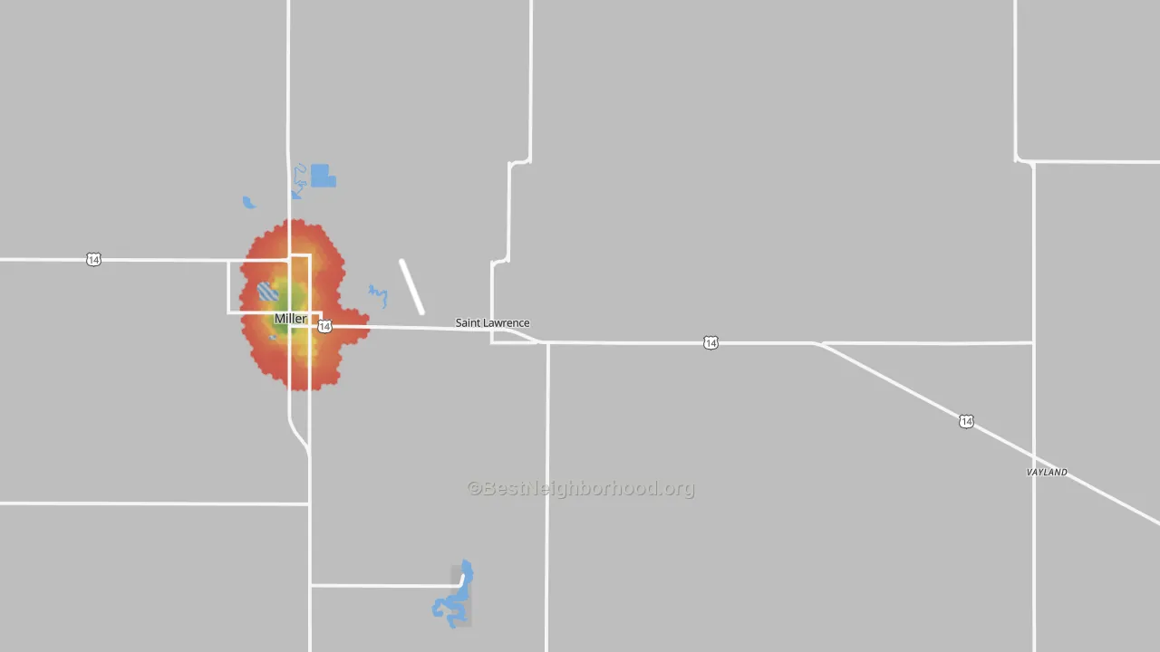 Walk Grade map of 57373, SD, walkable areas in green and car-dependent areas in red