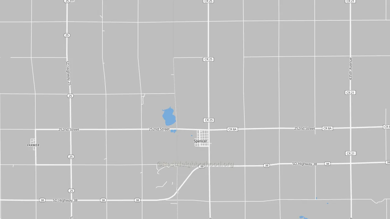 Walk Grade map of 57374, SD, walkable areas in green and car-dependent areas in red