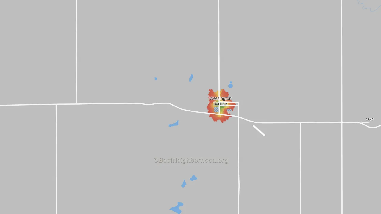 Walk Grade map of 57382, SD, walkable areas in green and car-dependent areas in red