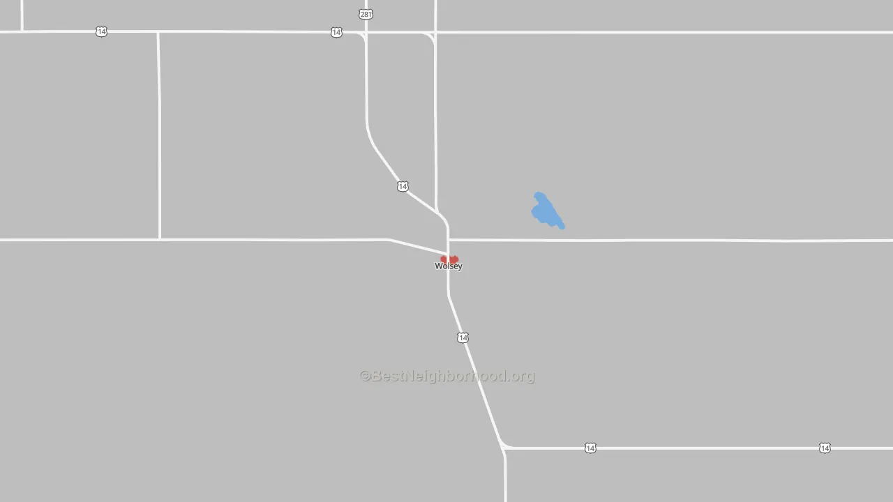 Walk Grade map of 57384, SD, walkable areas in green and car-dependent areas in red