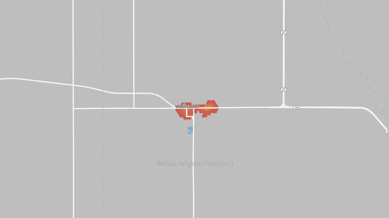 Walk Grade map of 57385, SD, walkable areas in green and car-dependent areas in red