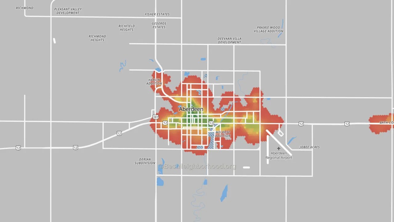 Walk Grade map of 57401, SD, walkable areas in green and car-dependent areas in red