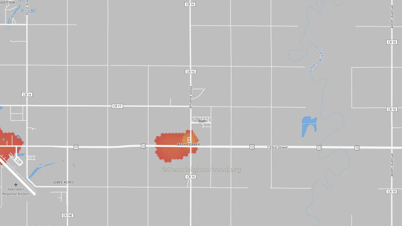 Walk Grade map of 57427, SD, walkable areas in green and car-dependent areas in red