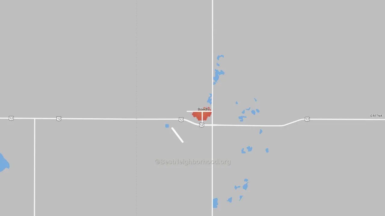 Walk Grade map of 57428, SD, walkable areas in green and car-dependent areas in red